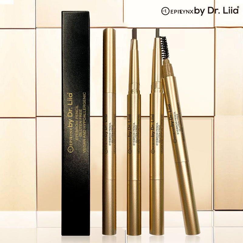 Assorted eyebrow pencils in gold tubes with brush ends, plus black box
