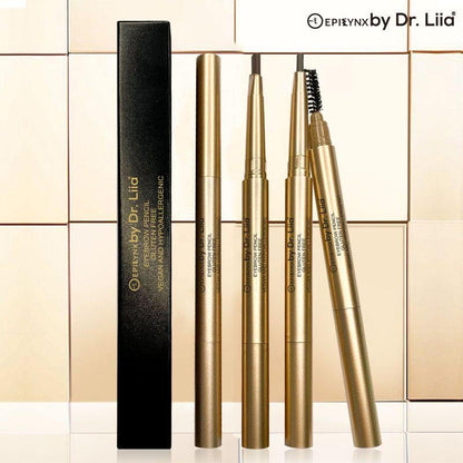 Assorted eyebrow pencils in gold tubes with brush ends, plus black box