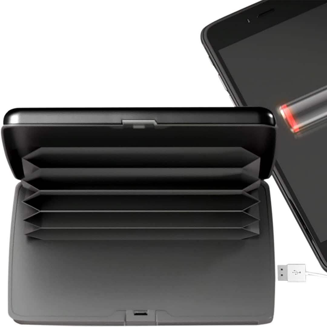 Black wallet-style power bank with card slots, open case showing charging ports