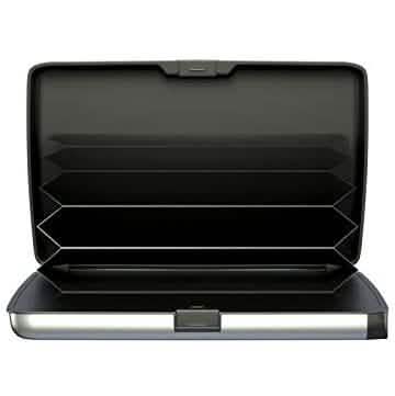 Black wallet-style power bank case with card slots, open lid and silver base