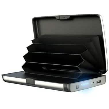 Black wallet-style power bank with card slots, open case and indicator light