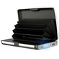 Black wallet-style power bank with card slots, open case and indicator light