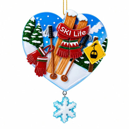 Ski Life Skis with Snowflake and Cable Car Resin Christmas Ornament
