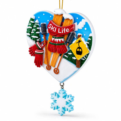 Ski Life Skis with Snowflake and Cable Car Resin Christmas Ornament