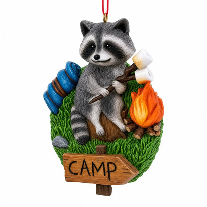 Camping Raccoon with Marshmallow Campfire Resin Christmas Ornament