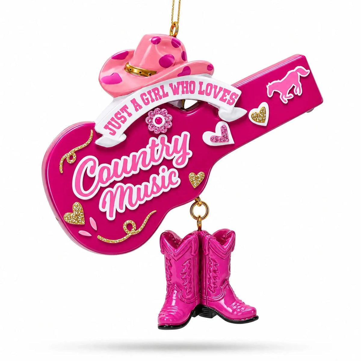 Pink Cowgirl Hat Country Music Guitar with Boots Resin Christmas Ornament