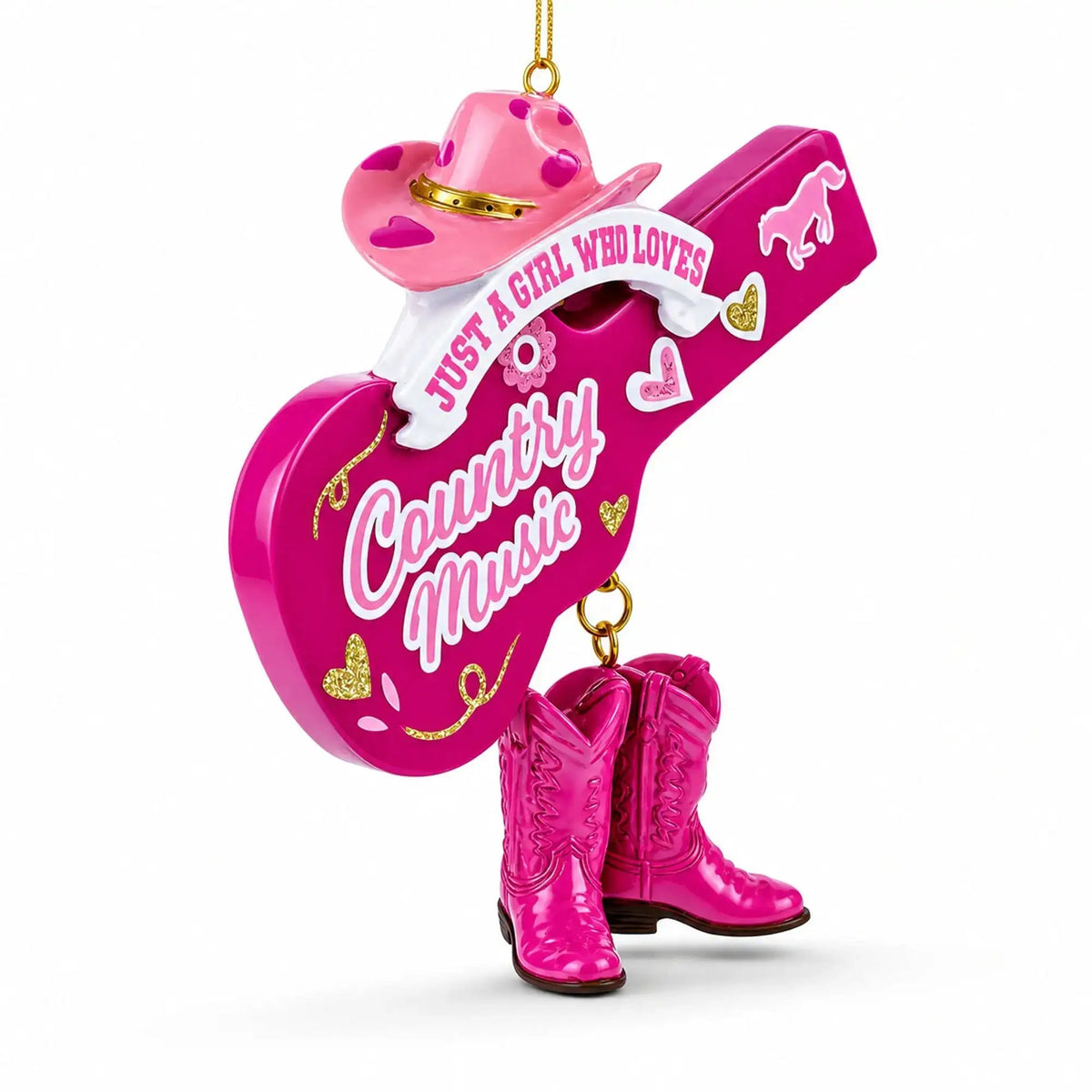 Pink Cowgirl Hat Country Music Guitar with Boots Resin Christmas Ornament