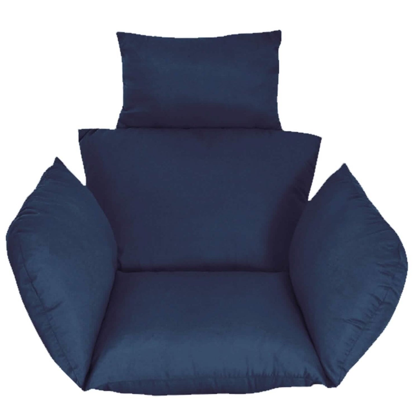 Hanging egg chair seat cushion with headrest, navy blue with two side bolsters.