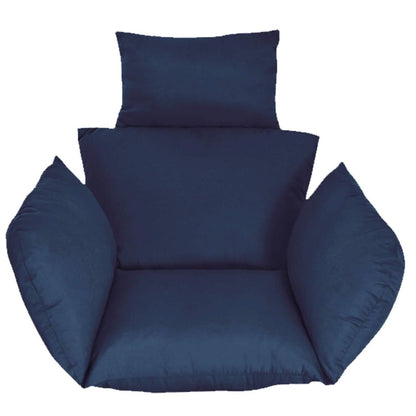 Hanging egg chair seat cushion with headrest, navy blue with two side bolsters.