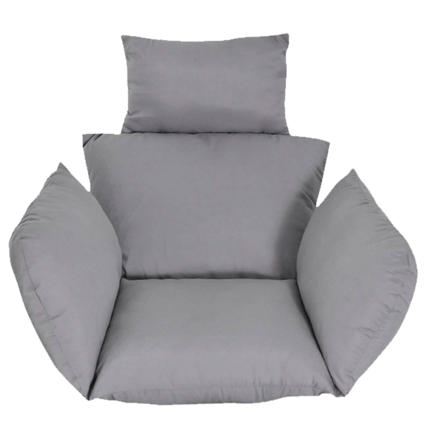Hanging egg chair seat cushion with headrest, gray with two side bolsters.