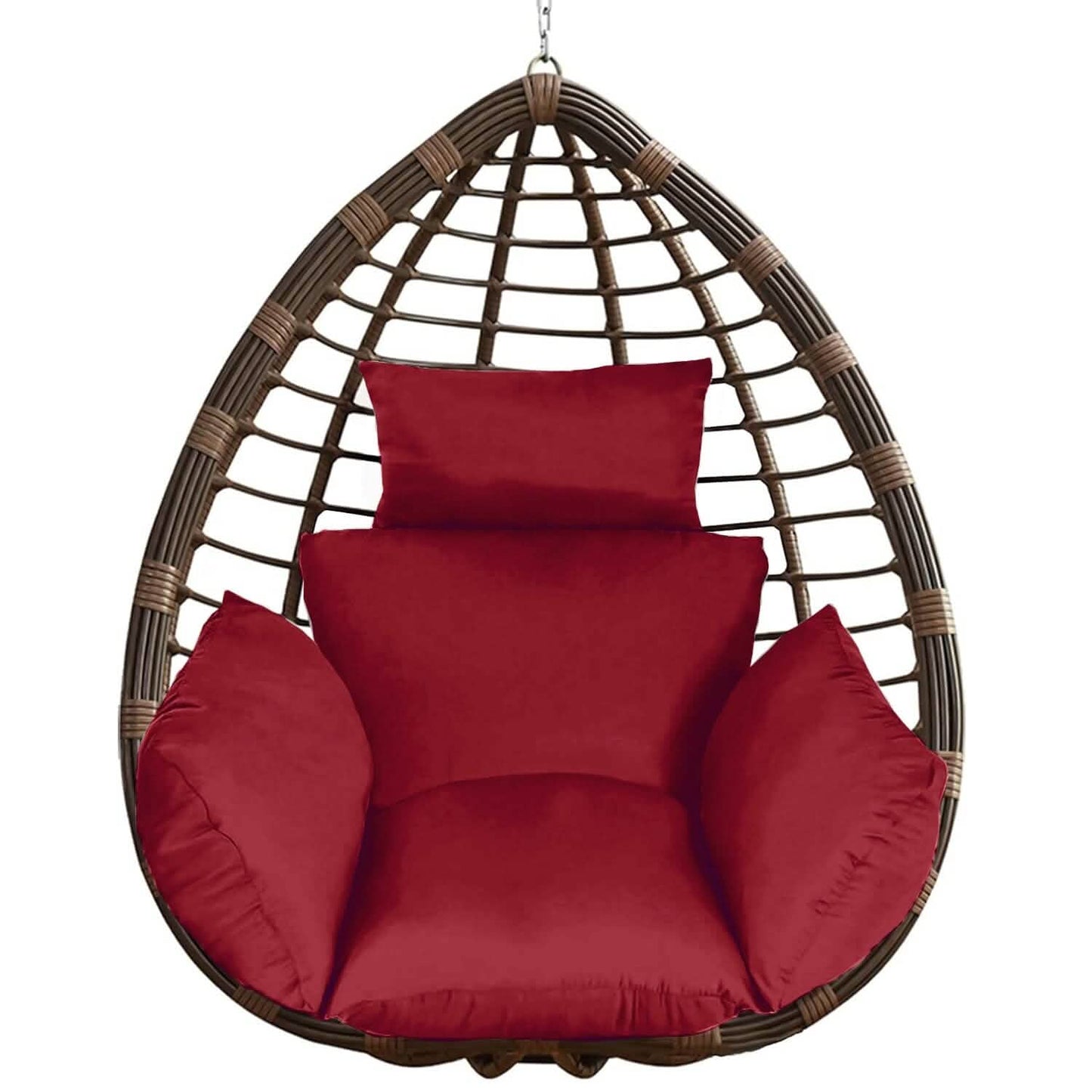 Hanging egg chair seat cushion with headrest, burgundy red with two side bolsters.