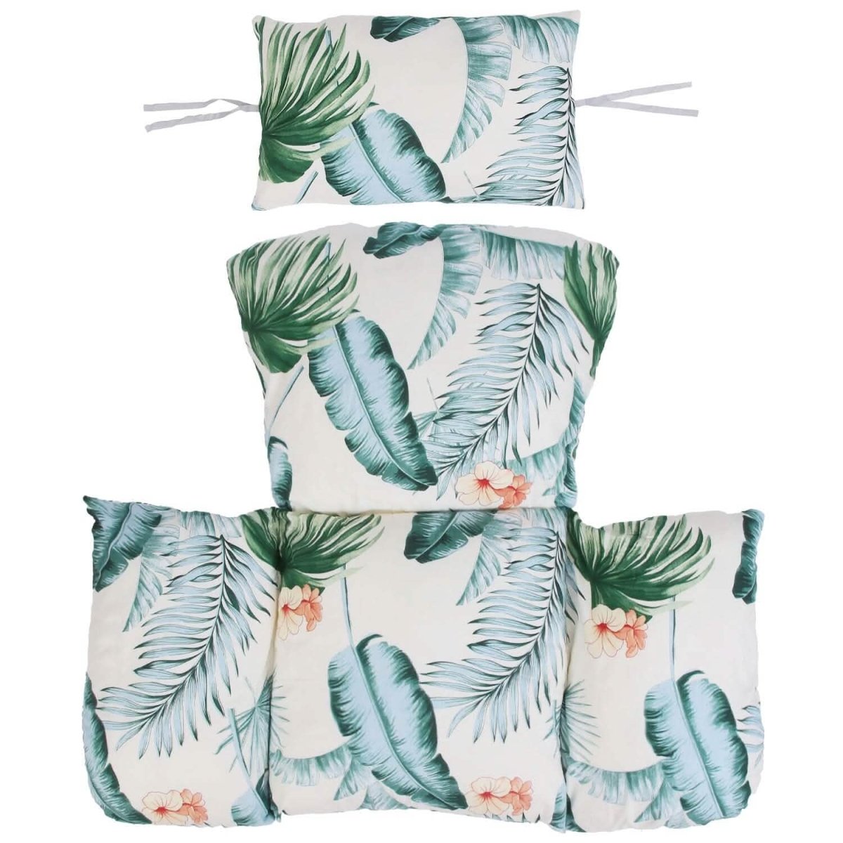 Hanging egg chair cushion set with headrest, white with green tropical leaves and flowers
