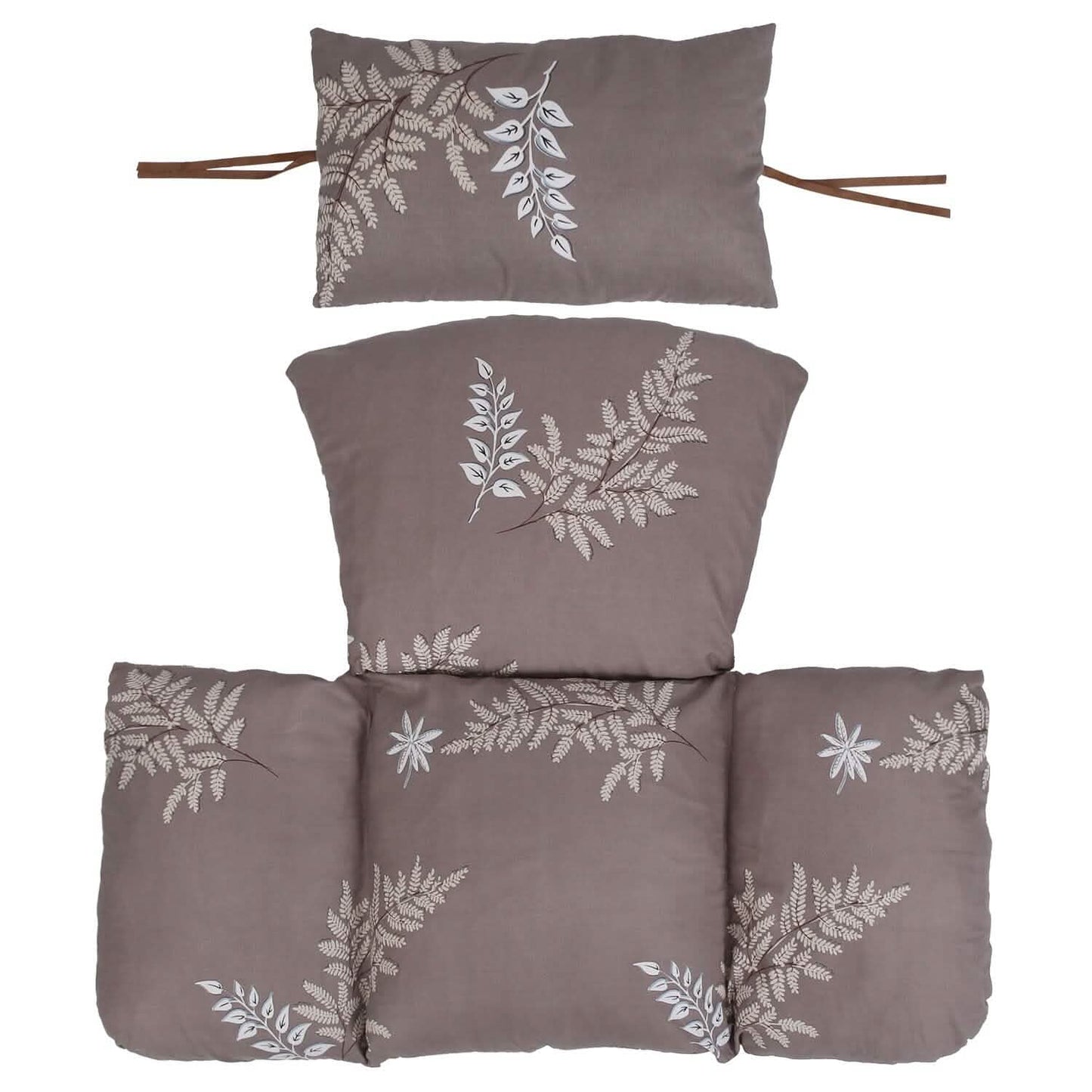 Hanging egg chair cushion set, coffee brown with leaf branch print and headrest
