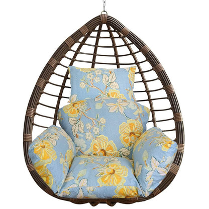 Hanging egg chair cushion set, light blue with yellow floral print, includes headrest