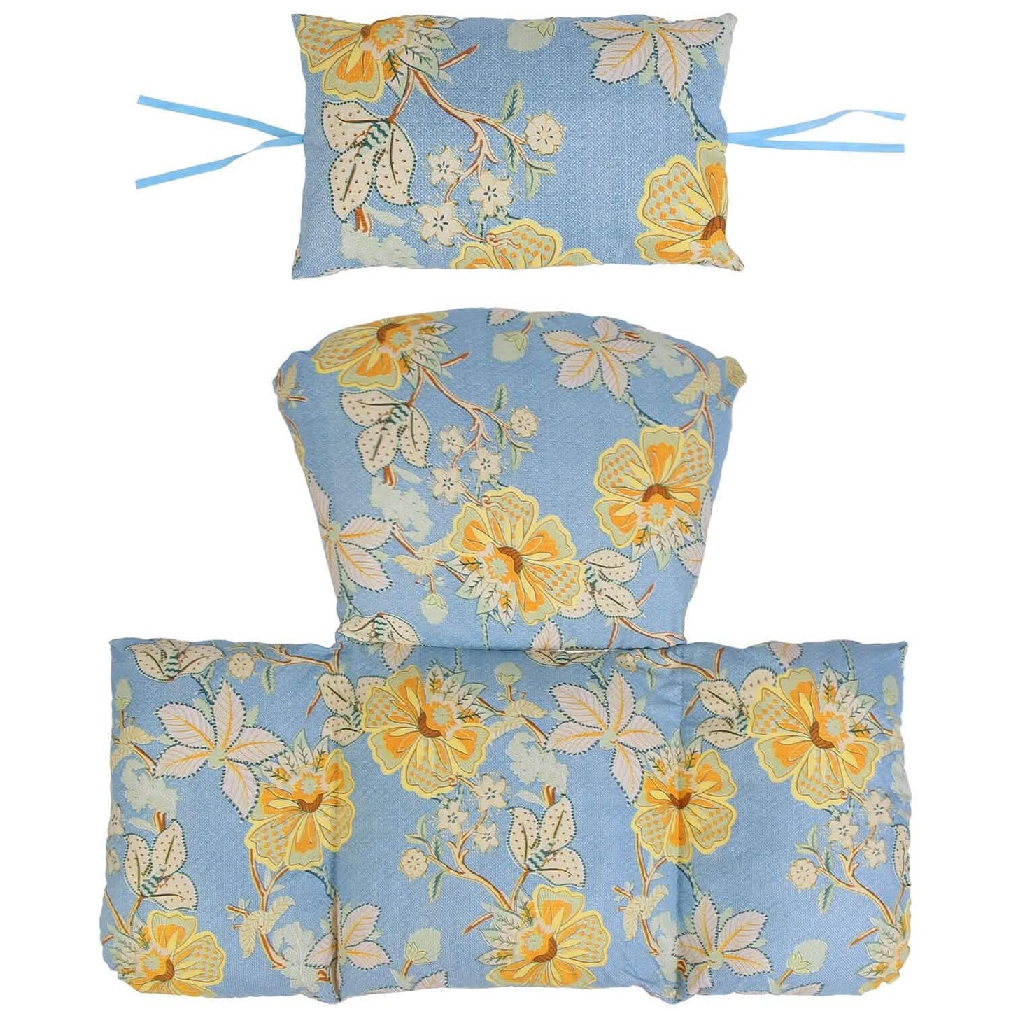 Hanging egg chair cushion set, light blue with yellow floral vine print and headrest