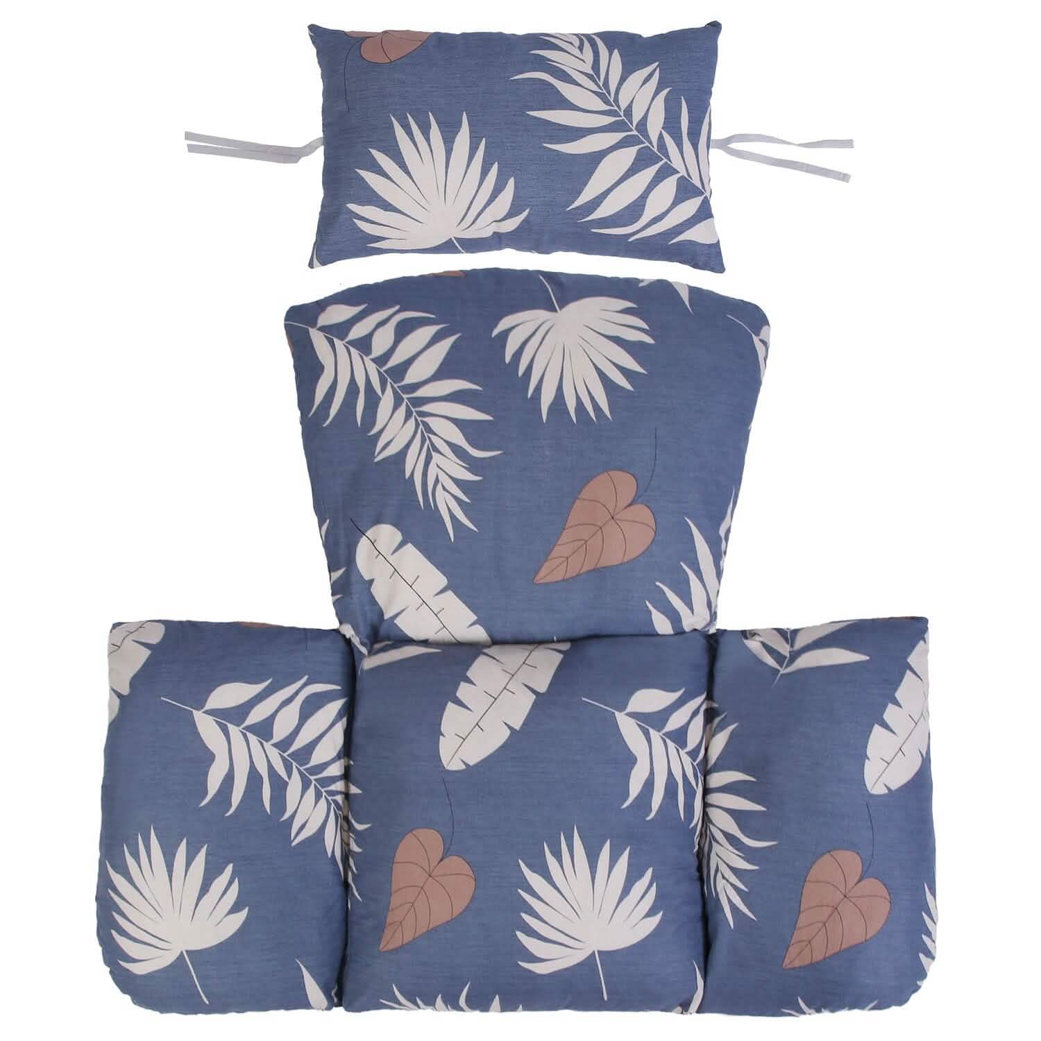 Hanging egg chair cushion set, navy blue with floral leaf and butterfly prints, headrest