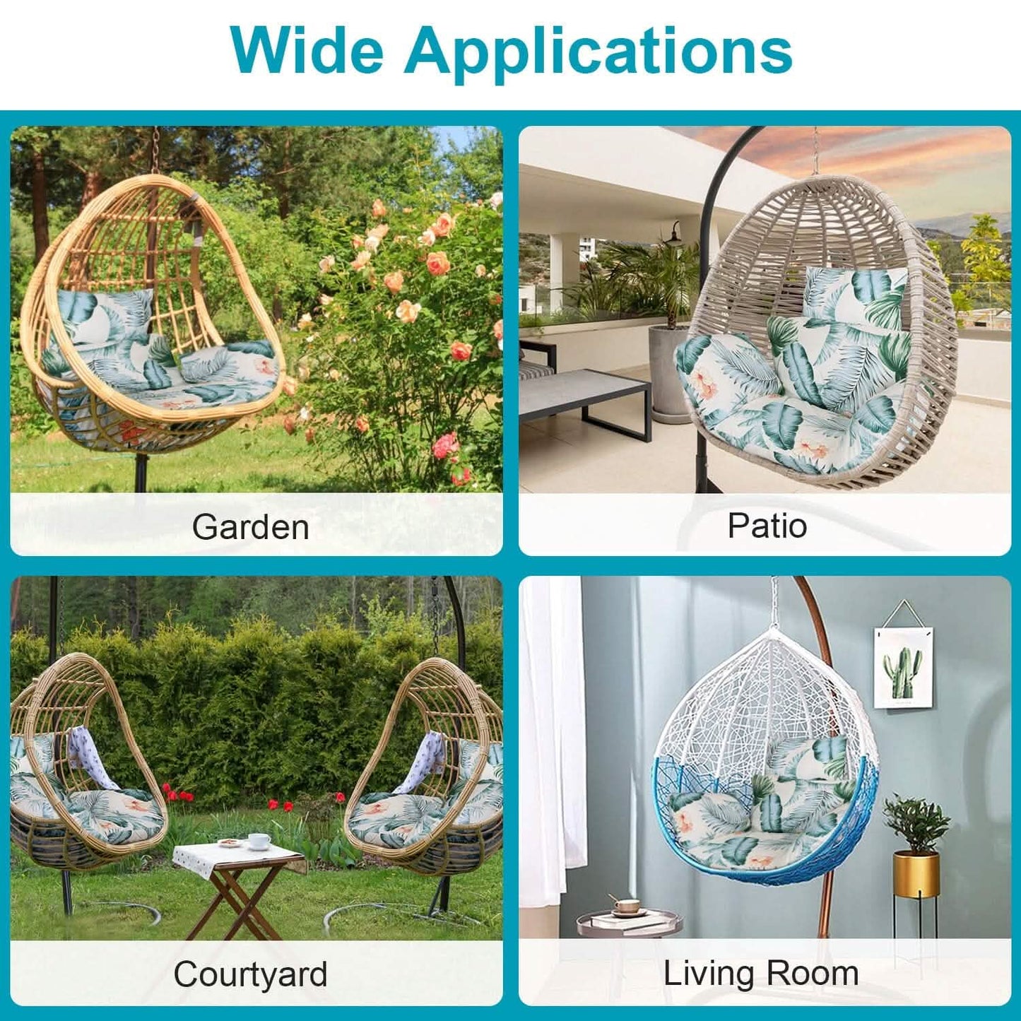 Hanging egg chair seat cushion with headrest, blue tropical leaf print for outdoor use