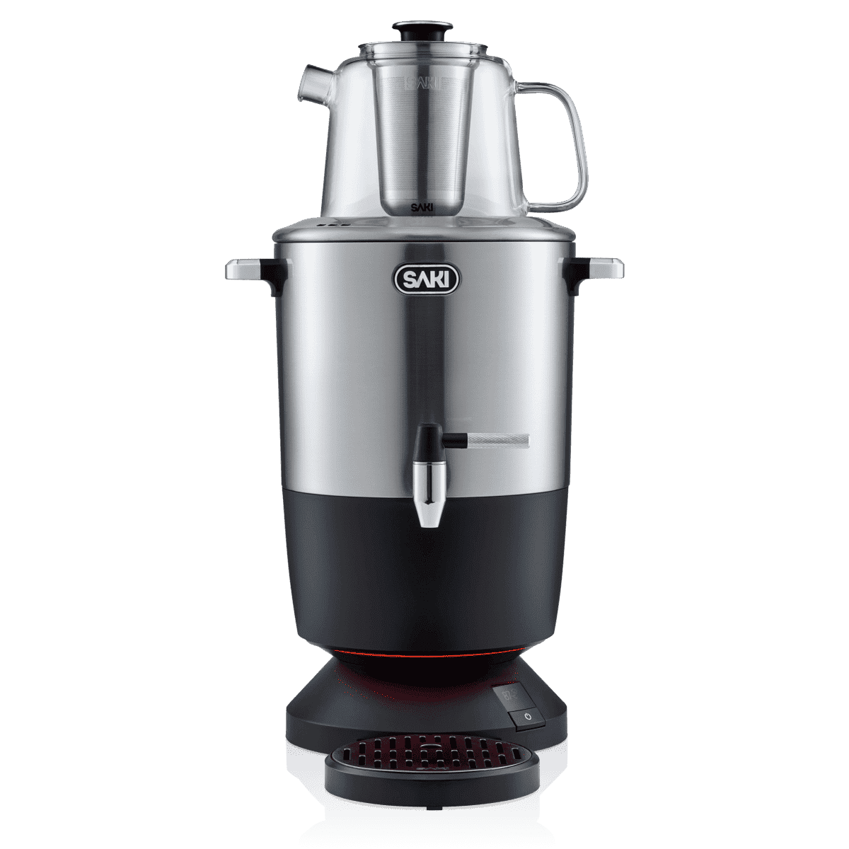 Silver electric samovar with black lower body, spout and base tray