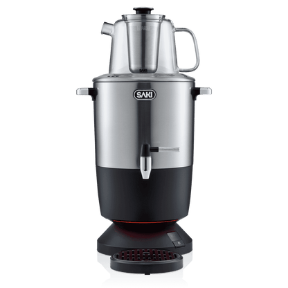 Silver electric samovar with black lower body, spout and base tray