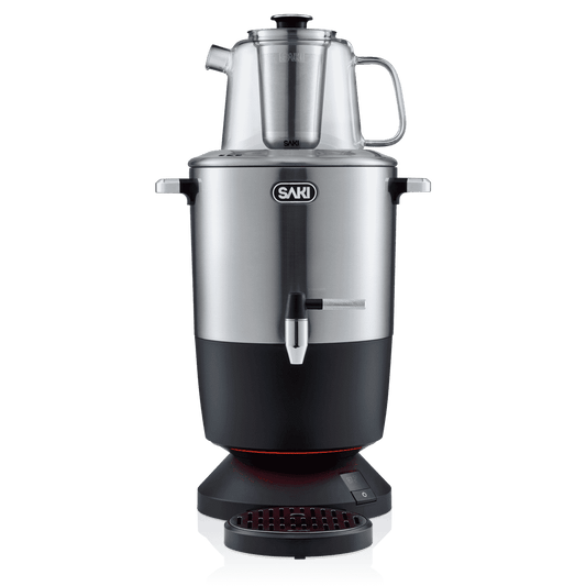 Silver electric samovar with black lower body, spout and base tray
