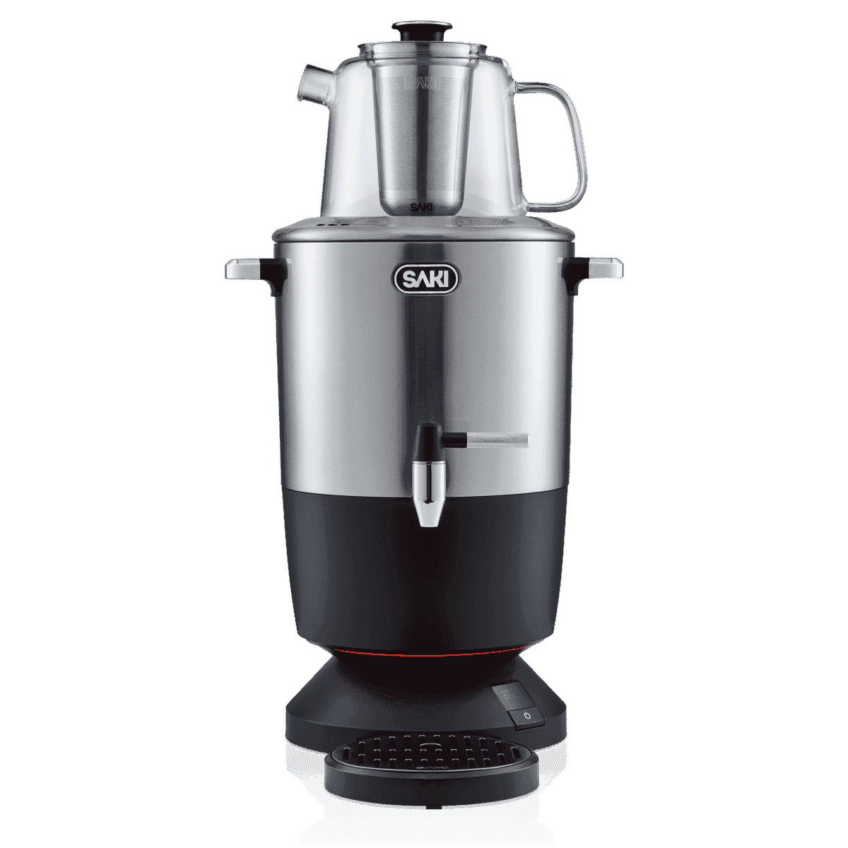 Electric samovar, brushed silver body with black lower section and dispensing spout