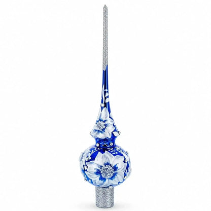 Elegant Cobalt Bloom Glass Christmas Tree Topper with Glittering Accents - 11 Inches Cartsfy Inc.