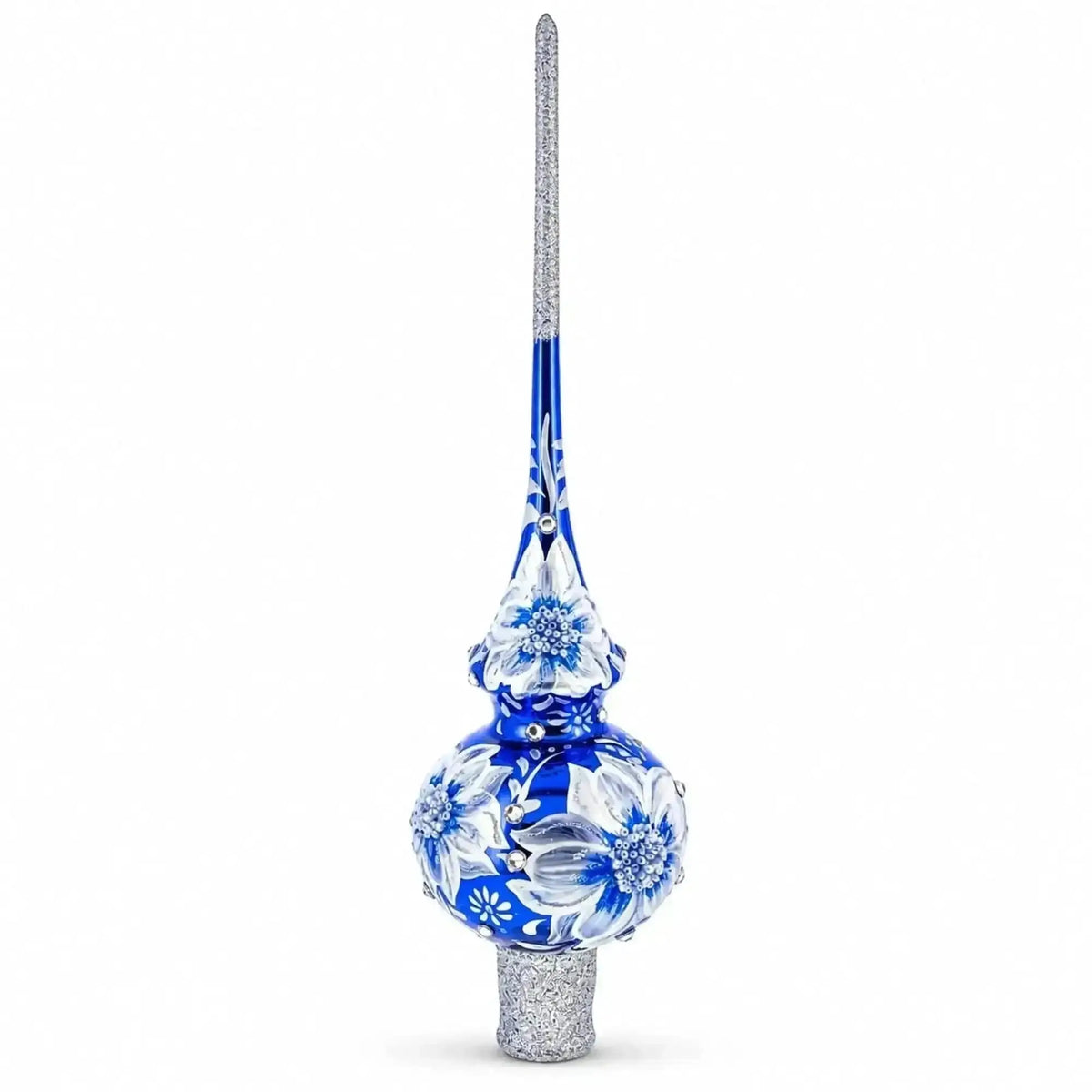 Elegant Cobalt Bloom Glass Christmas Tree Topper with Glittering Accents - 11 Inches Cartsfy Inc.