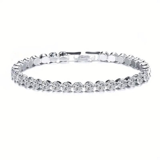 Silver-tone rhinestone tennis bracelet with round stones and box clasp