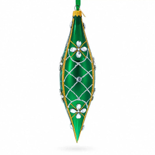 Emerald Jeweled Lattice Elongated Pointed Teardrop Finial Glass Christmas Ornament Cartsfy Inc.