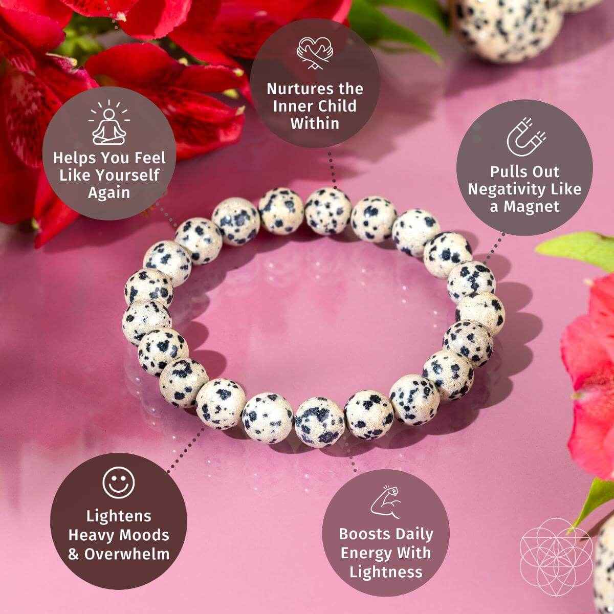 Dalmatian jasper bead bracelet with round spotted beads