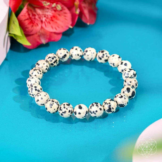 Dalmatian jasper bead bracelet with round white stones and black speckles