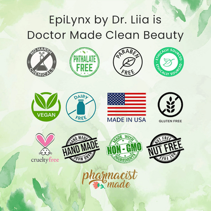 Eye beauty certification badge graphic with vegan and gluten-free icons