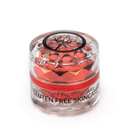 Eye cream jar with red-tinted gel and clear container, gluten-free label