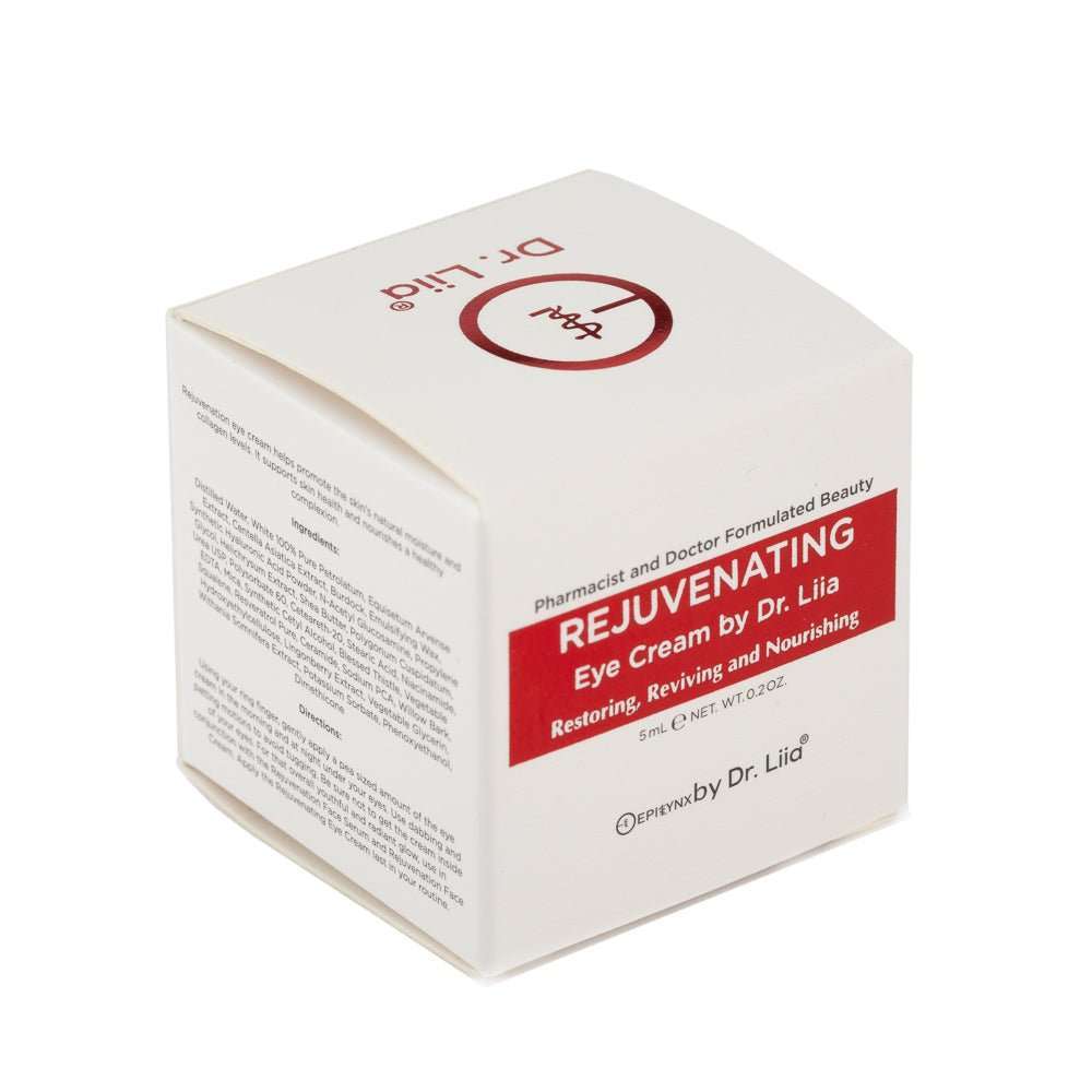 Eye cream carton box with red rejuvenating label by Dr. Lilia