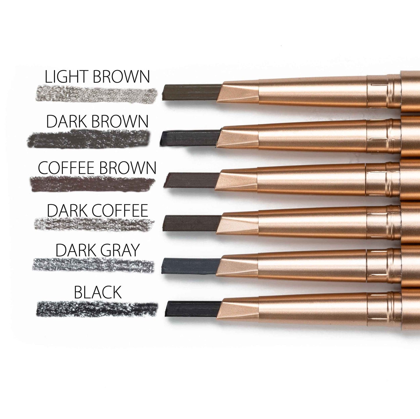 Eyebrow pencil shades lineup showing light brown, dark brown, coffee brown, dark coffee, dark gray, black
