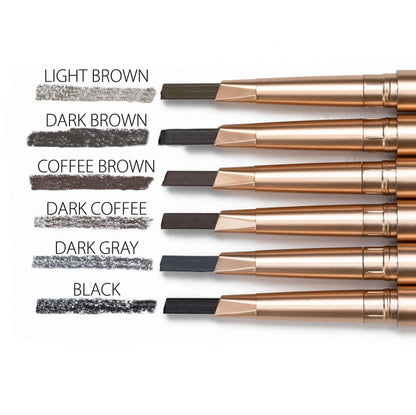 Eyebrow pencil shades lineup showing light brown, dark brown, coffee brown, dark coffee, dark gray, black
