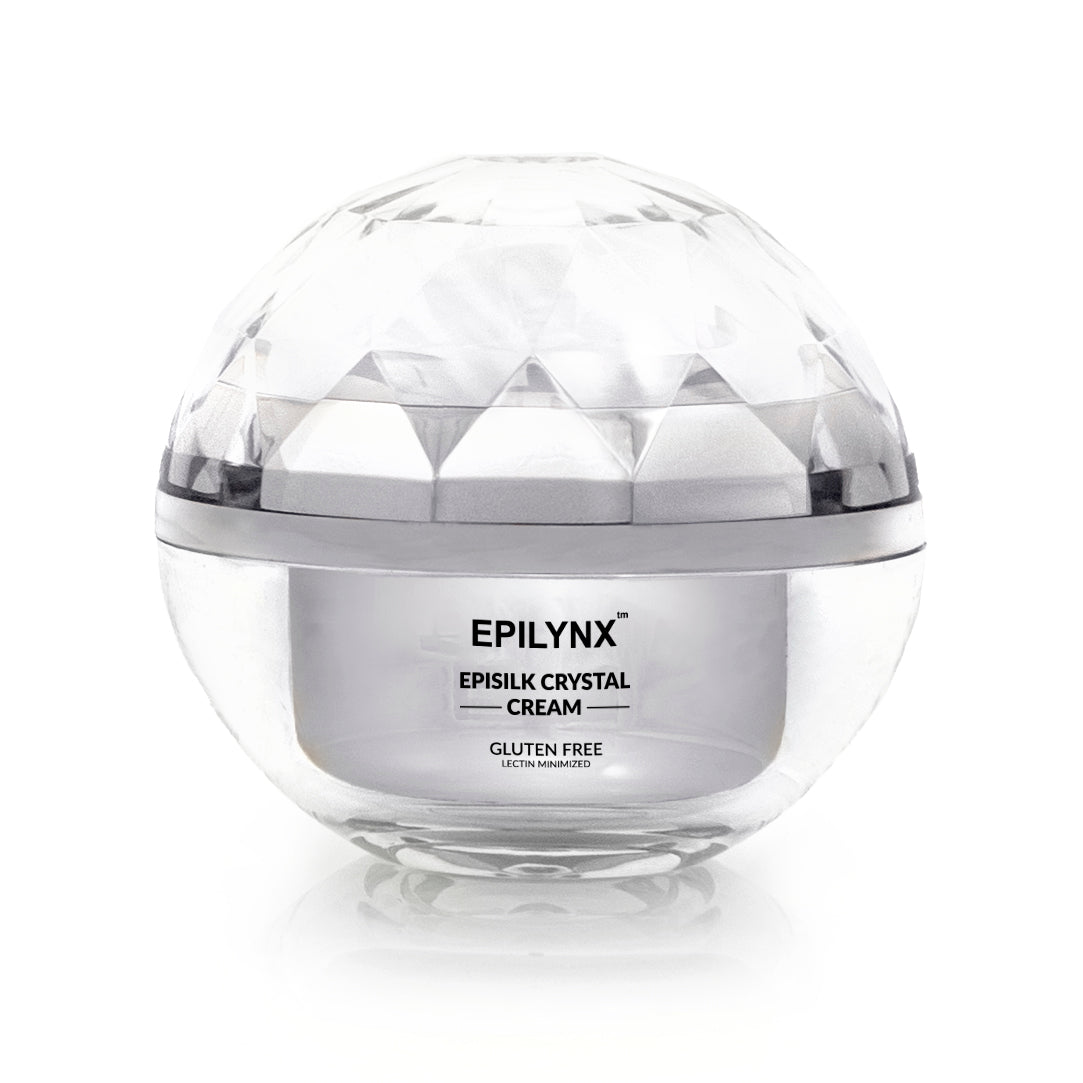 Sealed face cream jar with faceted clear silver dome lid