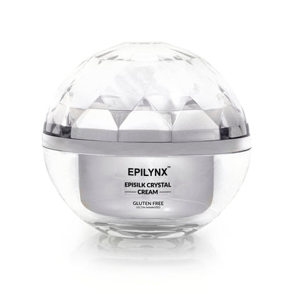 Sealed face cream jar with faceted clear silver dome lid