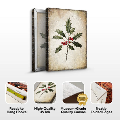 Holly leaf wall art canvas shown folded, with green leaves and red berries on beige speckled print