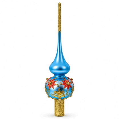 Exquisite Blue and Gold Floral Glass Christmas Tree Topper 11 Inches Cartsfy Inc.