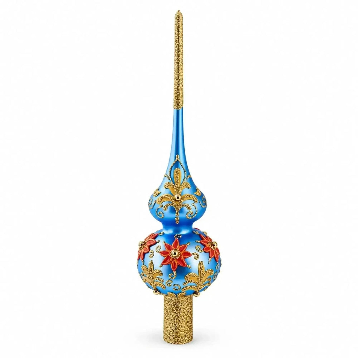 Exquisite Blue and Gold Floral Glass Christmas Tree Topper 11 Inches Cartsfy Inc.
