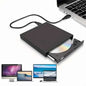 Slim black external CD/DVD drive with open tray and USB cable