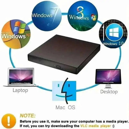 External CD/DVD drive with compatibility icons for Windows and Mac OS