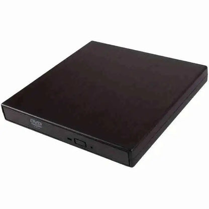 Slim black external CD/DVD drive with front control panel and tray slot
