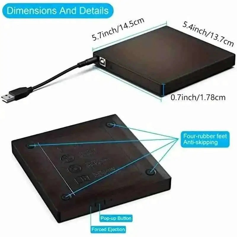 Black external CD/DVD drive showing USB plug, underside feet, and eject buttons