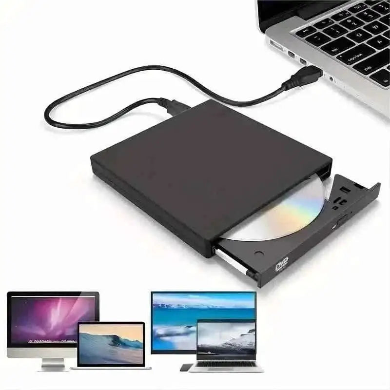 Portable black CD/DVD drive connected to laptop via USB cable, disc tray open