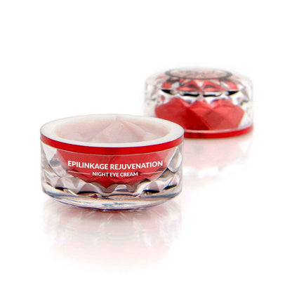 Rejuvenation night eye cream jar with red lid and pale cream