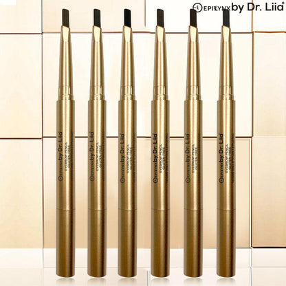 Set of gold eyebrow pencils with brush tips in multiple shades