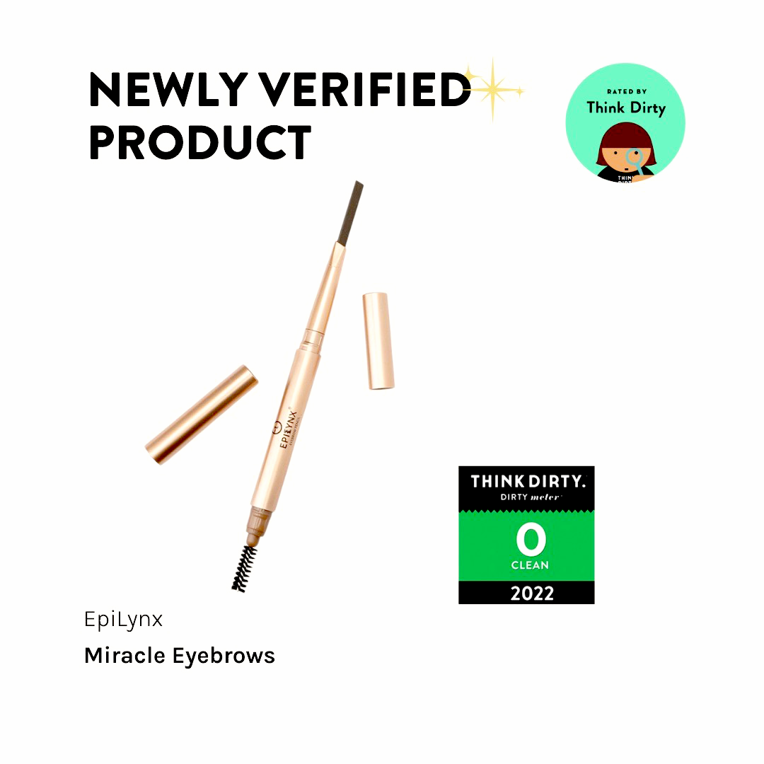 Eyebrow pencil with built-in brush wand, with cap shown in beige-gold packaging