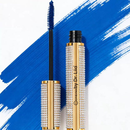 Blue mascara tube set with rhinestone gem cases and upright applicator brush